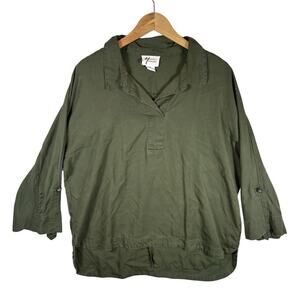 Andrea Jovine Tunic Blouse Womens XL Olive Green Lyocell High Low Boxy Roll Tab